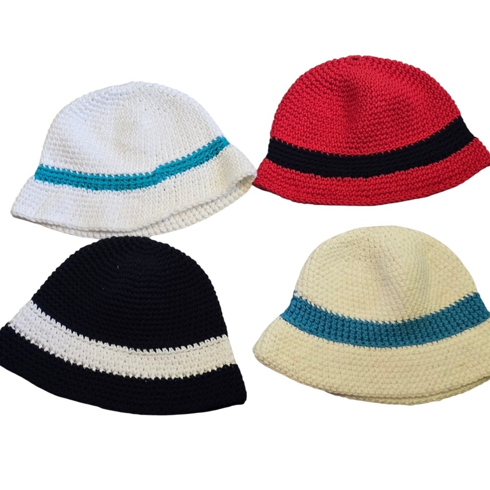😀Lot of 4 Crochet Bucket Hats Striped Knit Boho Festival Cloche Red Navy White